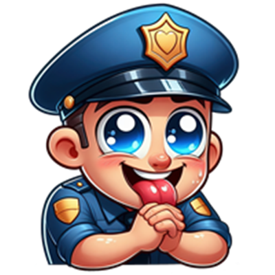 En farverig og glad tegneseriefigur af en ung politibetjent med store øjne.