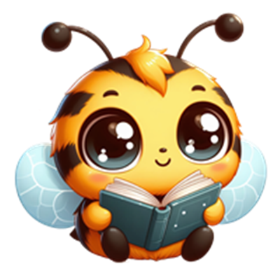 En sød, cartoon-agtig bi med store øjne, der sidder og læser en bog.