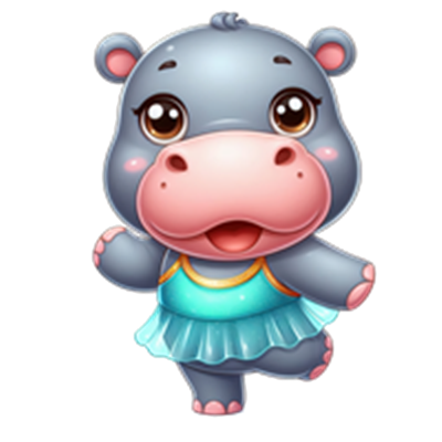 En charmerende, tegneserieinspireret flodhest iført en farverig dansekjole.