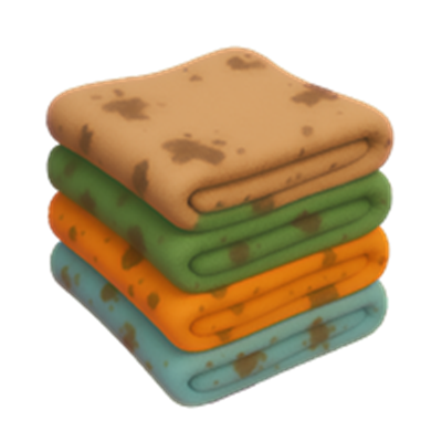 En stak klude i forskellige farver med pletter, der indikerer brug.