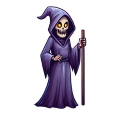 En tegnet figur af et skelet iført en lilla kappe, der holder en stav.