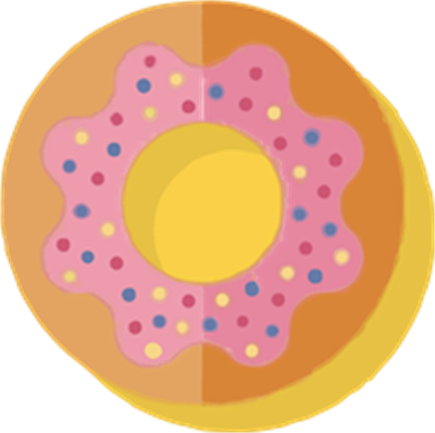 En illustreret donut med pink glasur, farverige perler og en gul midte.