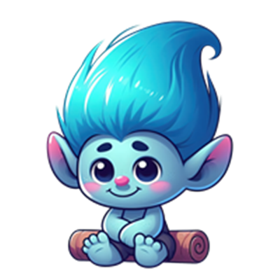 En lille, sød trold med blå hår og store øjne, der sidder på en træstamme.