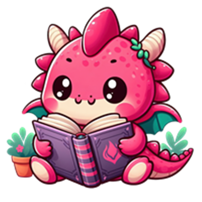 En farverig og sød drage, der sidder og læser en bog, omgivet af planter.