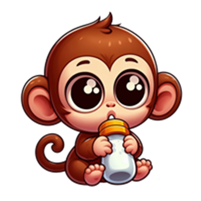 En nuttet, tegneserieagtig abe sidder og drikker fra en sutteflaske.