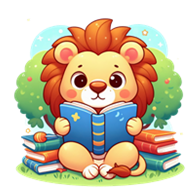 En sød, tegneserieagtig løve, der sidder med en bog blandt bøger og træer.
