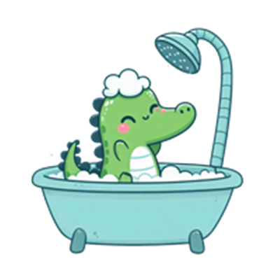 En sød, grøn krokodille, der nyder et bad med skum og en bruser.