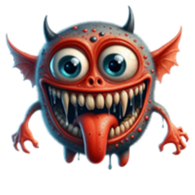 Et cartoon-lignende monster med store øjne, skarpe tænder og en legesyg attitude.