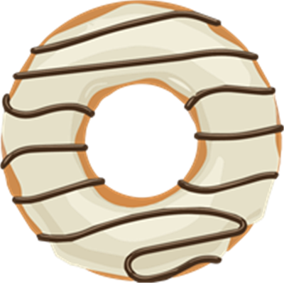 En illustreret donut med en lys glasur og chokoladefletninger.