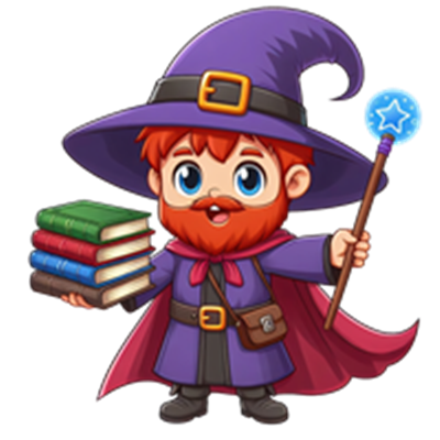 En sød, ung troldmand iført en lilla hat og kappe, holder bøger og en tryllestav.