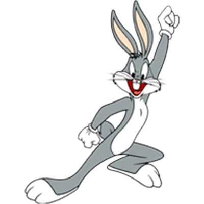 En tegneseriekanin med grå pels, der står i en sej pose med en glad mine.