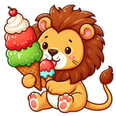 En tegneserie-lignende løve, der nyder en farverig isvaffel.