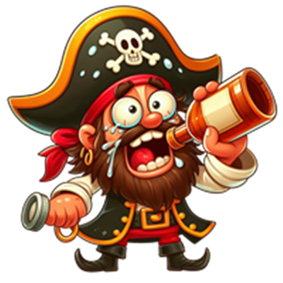 En farverig, tegneserieagtig pirat med en stor hat, der drikker fra en romflaske.