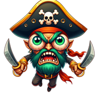 En farverig og vred pirat med grøn skæg, der holder to knive, iført en pirathat.