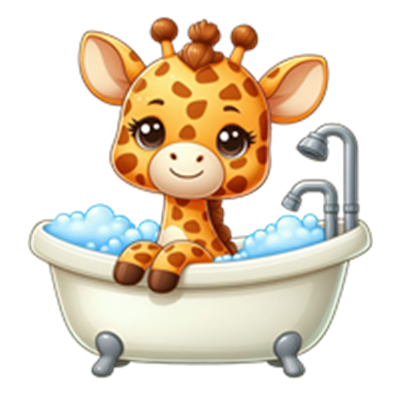 En nuttet giraf sidder i et badekar fyldt med skum og bobler.