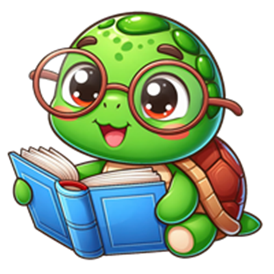 En sød skildpadde med briller, der læser en bog med et smil.