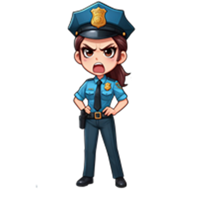 En tegneserieagtig politibetjent med et vredt udtryk, iført uniform.