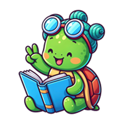 En sød, tegneserieagtig skildpadde med briller, der læser en bog og laver peace-tegnet.