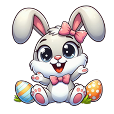 En tegneserieagtig påskehare med store øjne og en sløjfe, omgivet af farverige æg.