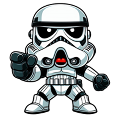 En sød og cartoonish version af en stormtrooper med farverige detaljer.