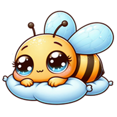 En sød, cartoonagtig bi med store øjne, der ligger på en fluffy sky.