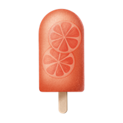 En farverig is med smag af appelsin, dekoreret med skiver af frugt.