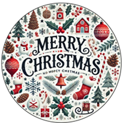 Et farverigt design med julemotiver som snemænd, juletræer og dekorationer.