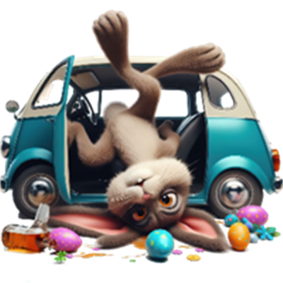 En sjov kanin ligger på hovedet i en bil, omgivet af farverige påskeæg.