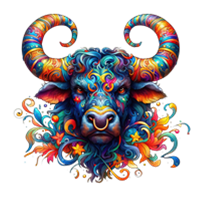 Et kunstnerisk billede af en oksehoved med farverige mønstre og blomster.