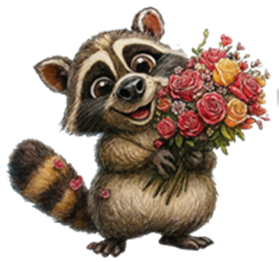 En sød vaskebjørn holder en buket farverige blomster og ser glad ud.