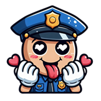 En sød emoji af en politibetjent med hjerteøjne og en legesyg attitude.