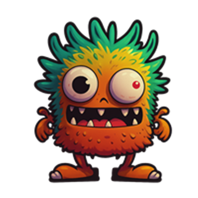 En sød og farverig monster karakter med grønne spidse hår og store øjne.