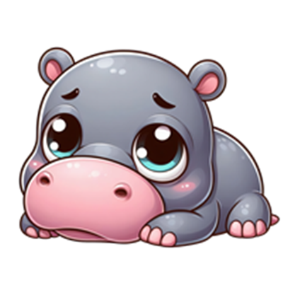 En sød, tegnet flodhest med store øjne, der ser trist ud.