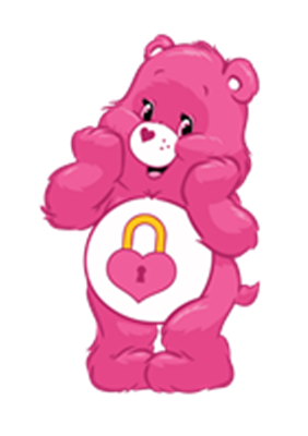 En farverig pink bjørn med et hjerte og en lås på maven, der ser glad ud.