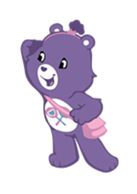 En glad lilla bamse med en taske, der vinker og smiler.