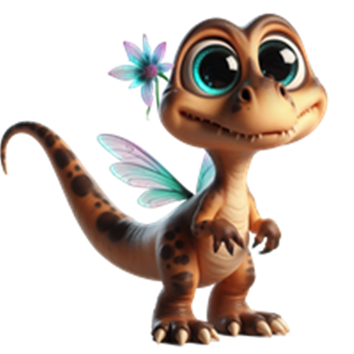 En farverig, animeret dinosaur med store øjne, vinger og en blomst bag øret.