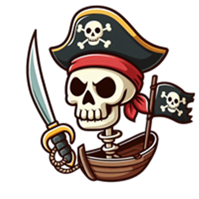 En farverig illustration af et skeletpirat med sværd, iført en pirathat, i en båd.