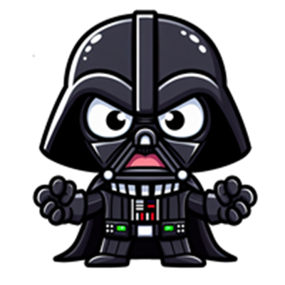 En sød og tegneserieagtig version af Darth Vader, med store øjne og en dramatisk attitude.