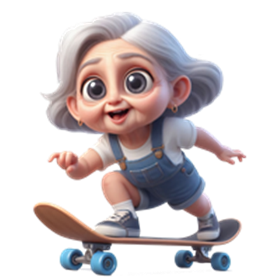 En sød, animeret bedstemor, der skateboarder med et stort smil.
