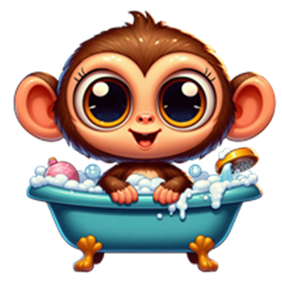 En nuttet abe med store øjne, der leger i et badekar fyldt med skum og legetøj.