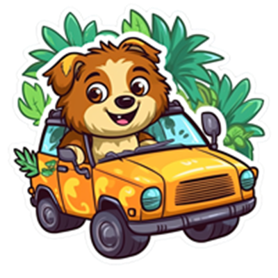 En sød, tegneserieagtig hund kører en orange bil gennem tropiske planter.