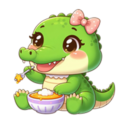 En farverig, tegnet krokodille med en sløjfe, der spiser mad fra en skål.