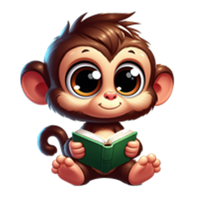 En sød, tegnet abe sidder og læser en bog med store, udtryksfulde øjne.