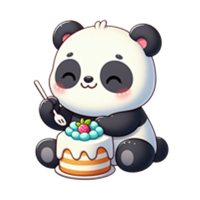 En glad panda, der sidder og spiser en farverig kage med en gaffel.