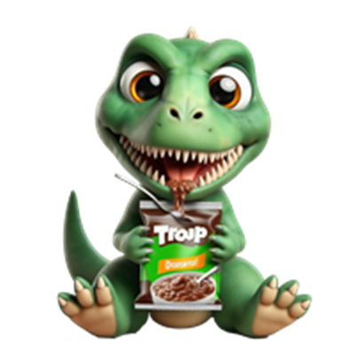 En farverig, tegnet dinosaur holder en pose snacks og smiler bredt.