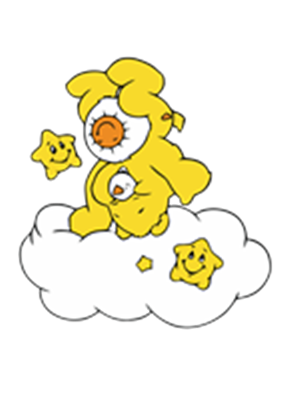 En farverig tegning af en gul karakter på en sky, omgivet af glade stjerner.