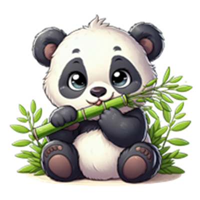 En tegnet pandaunge, der sidder og holder en bambusstængel, omgivet af grønne blade.