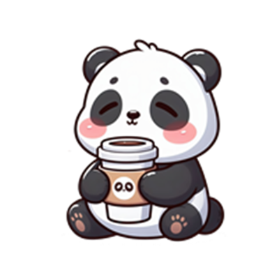 En nuttet panda, der holder en kaffekop og ser glad ud.