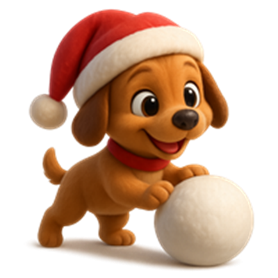 En glad hund i julesanta-hat, der leger med en snebold.