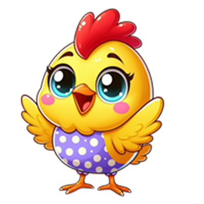 En sød, tegnet kylling med store øjne og en farverig kjole, der ser glad ud.